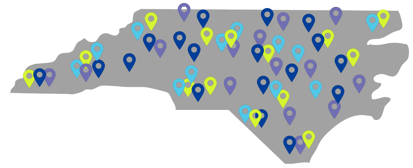 a map depicting North Carolina, with some NC LIVE's member libraries pinned.